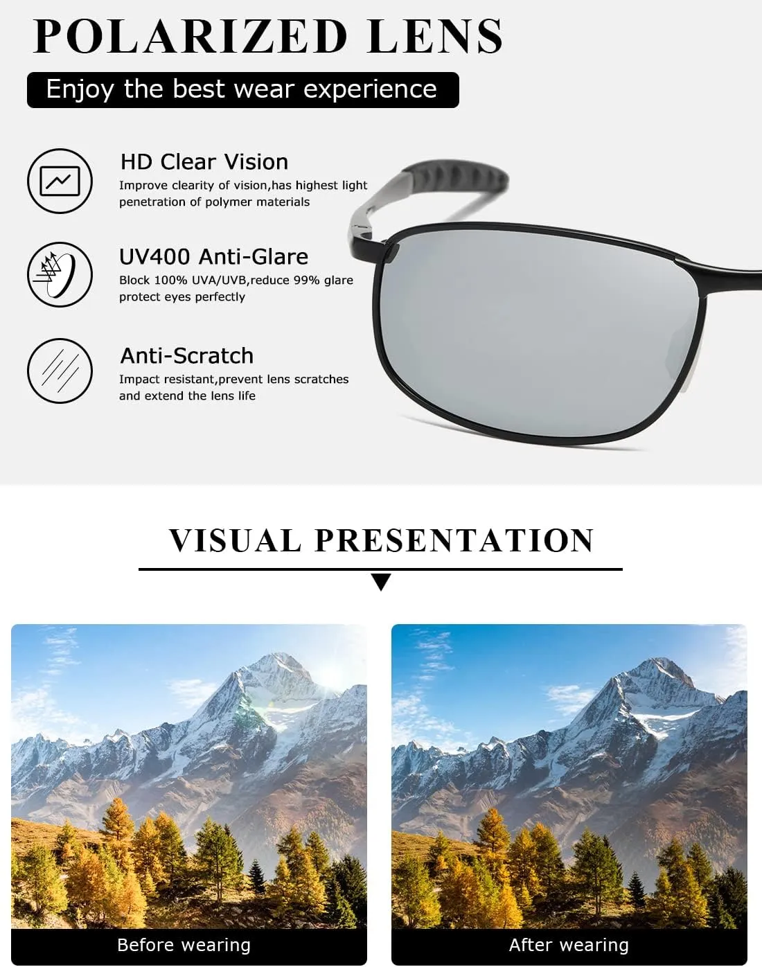 AEVOGUE Polarized Sunglasses For Men Rectangle Metal Frame Retro Sun Glasses AE0395