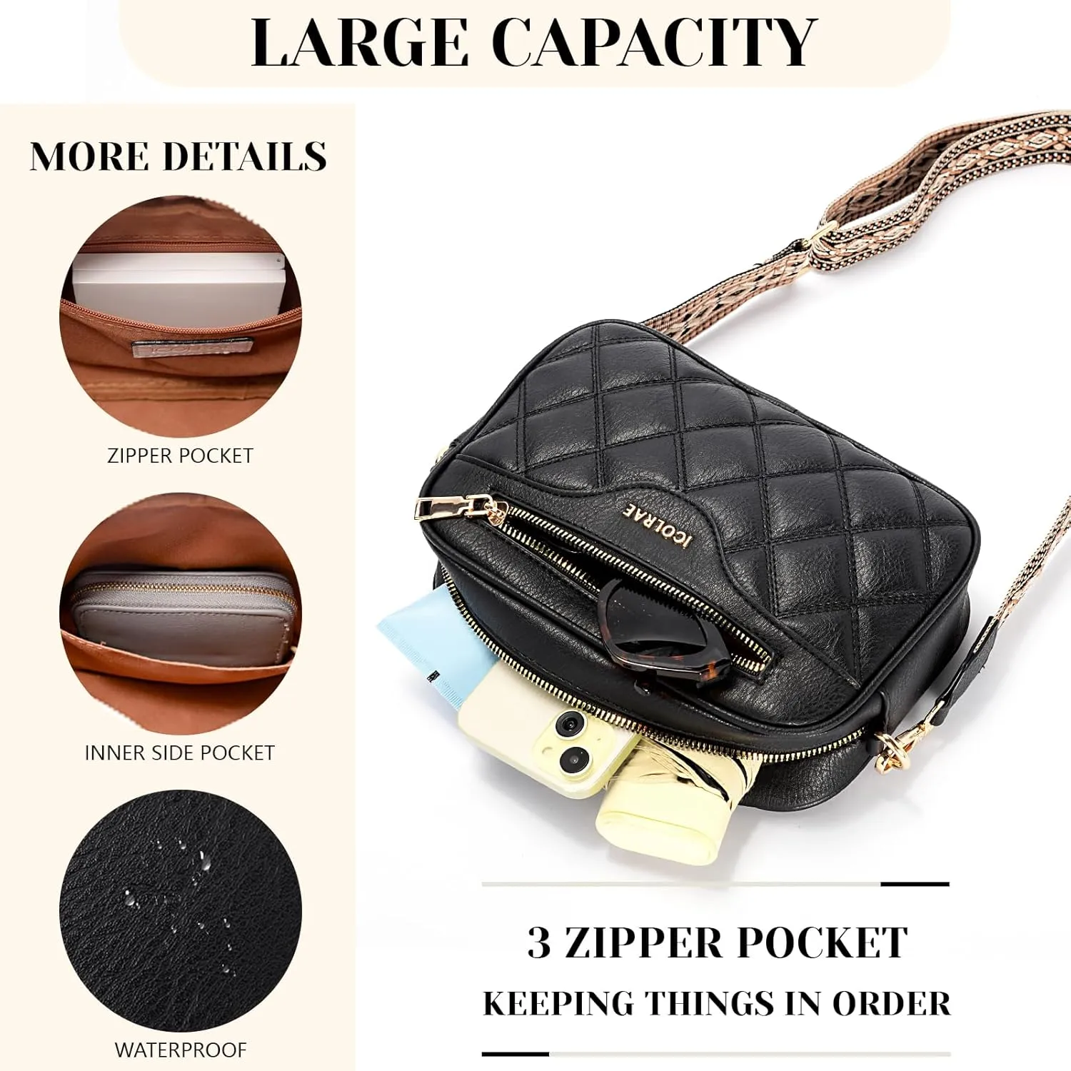 Crossbody Bags for Women, Vegan Leather Shoulder Handbags Rhombus Quilted Small Purses for Women with Wide Strap