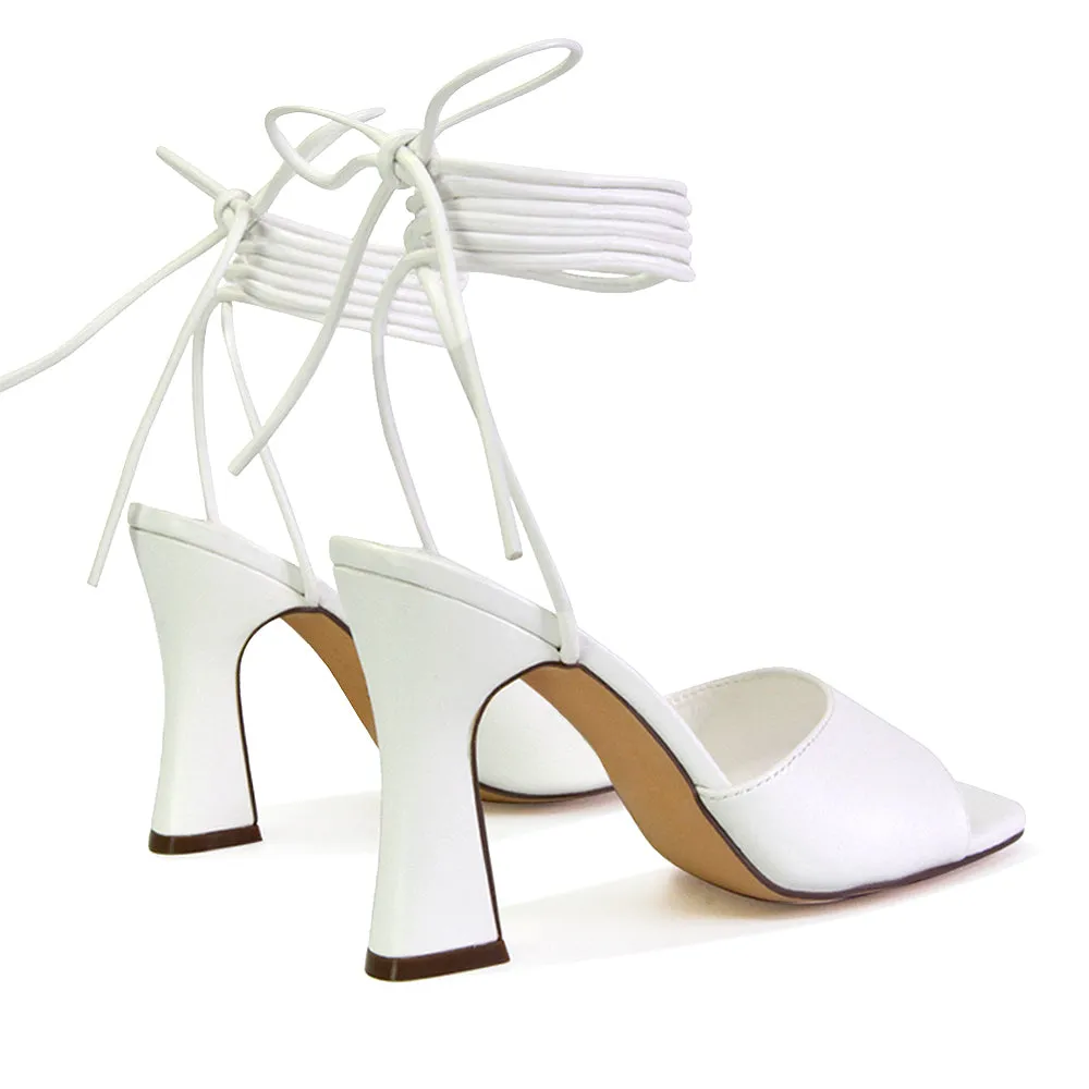 Flora Strappy Lace Up Block High Heels With a Square Toe in Blue