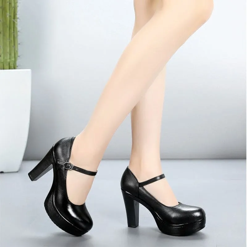 Genuine Leather Round Toe High Heels Fashion Black Work Shoe