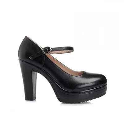 Genuine Leather Round Toe High Heels Fashion Black Work Shoe