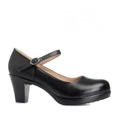 Genuine Leather Round Toe High Heels Fashion Black Work Shoe