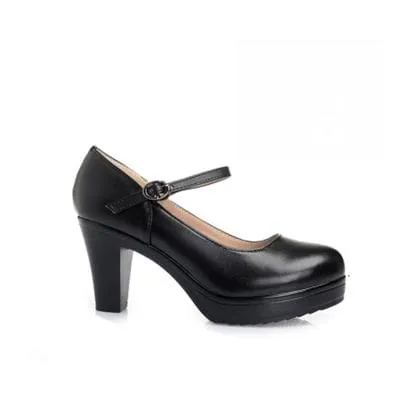 Genuine Leather Round Toe High Heels Fashion Black Work Shoe