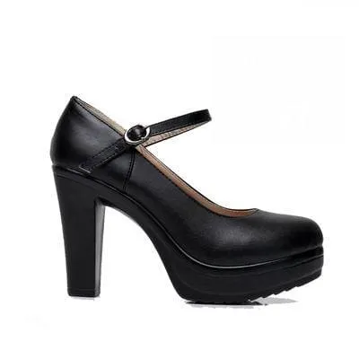 Genuine Leather Round Toe High Heels Fashion Black Work Shoe