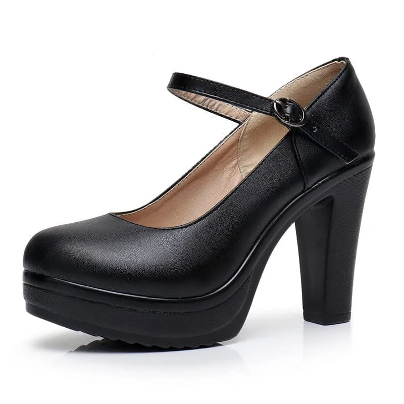Genuine Leather Round Toe High Heels Fashion Black Work Shoe