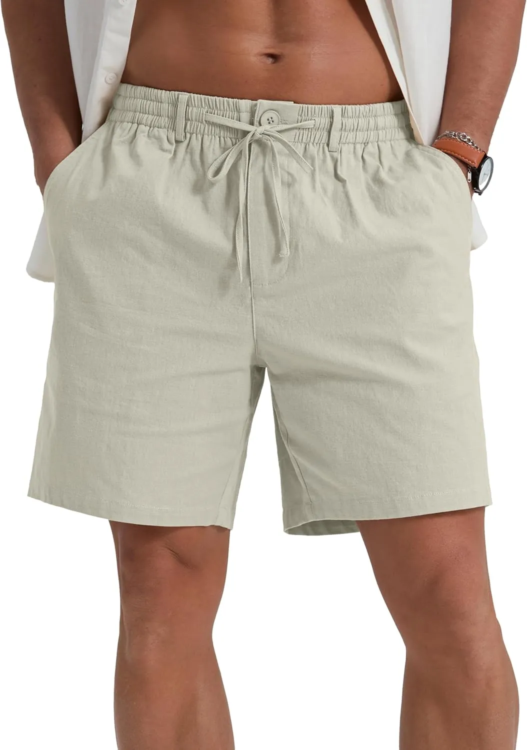 Sailwind Men's Linen Shorts 7" Casual Elastic Waist Drawstring Summer Beach Shorts