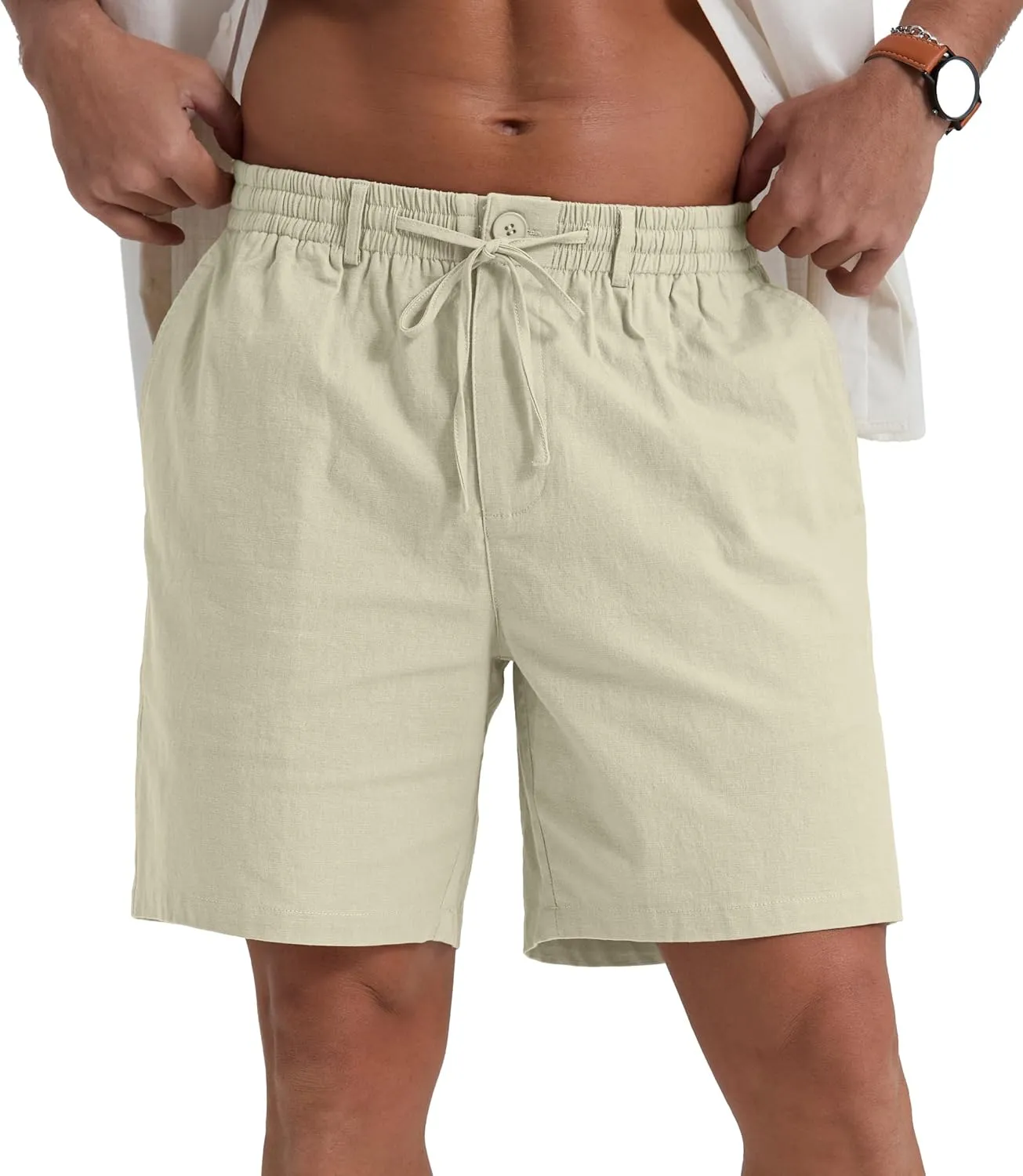 Sailwind Men's Linen Shorts 7" Casual Elastic Waist Drawstring Summer Beach Shorts