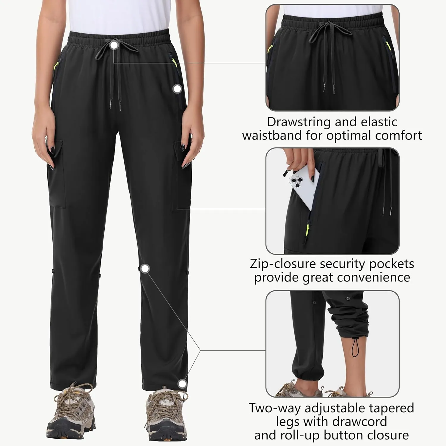 Women's Hiking Cargo Pants Quick Dry Lightweight Water Resistant UPF 50 Travel Athletic Pants with Zipper Pockets