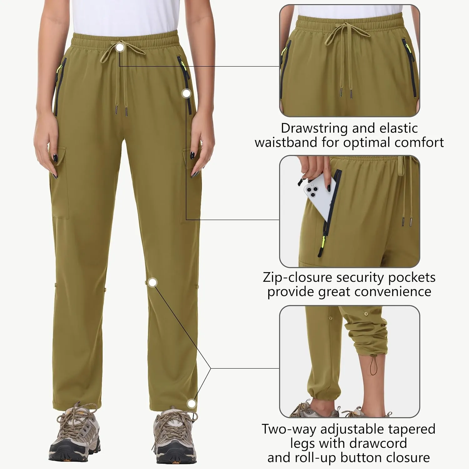 Women's Hiking Cargo Pants Quick Dry Lightweight Water Resistant UPF 50 Travel Athletic Pants with Zipper Pockets